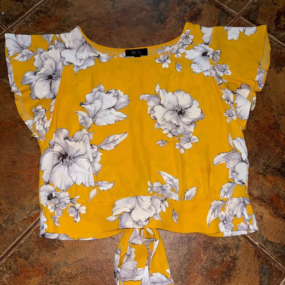 BCX Yellow Gold Crop Tie Front Blouse